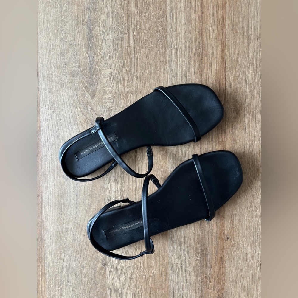 French Connection Minimalist Black Strappy Flat Sandals